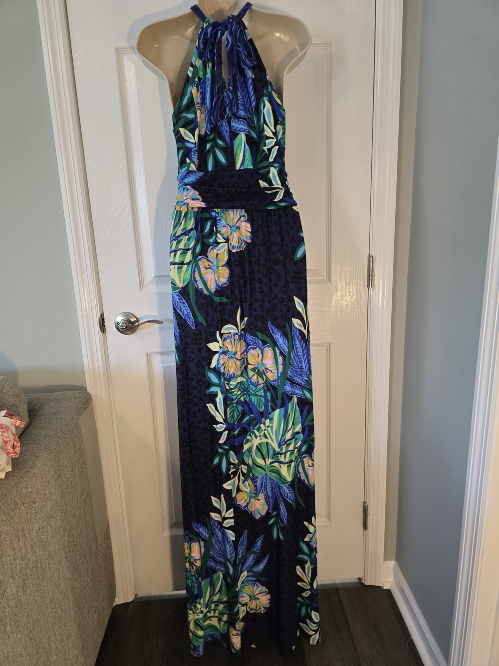 Lilly Pulitzer Navy Halter Maxi Dress with Green and Blue Floral Print